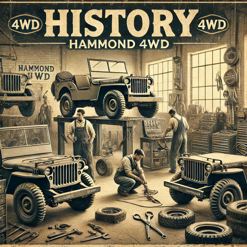 DALL·E 2024-07-03 16.59.27 - An image depicting the history of Hammond 4WD. The scene shows an old 4WD workshop with vintage Jeeps and classic 4WD vehicles being repaired and serv